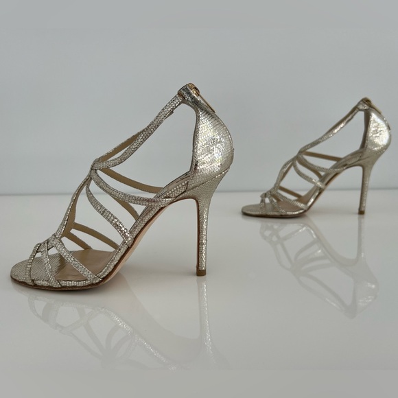 JIMMY CHOO CRACKLED GOLD LEATHER SANDAL SIZE 37.5 / US 7.5 - Picture 10 of 17